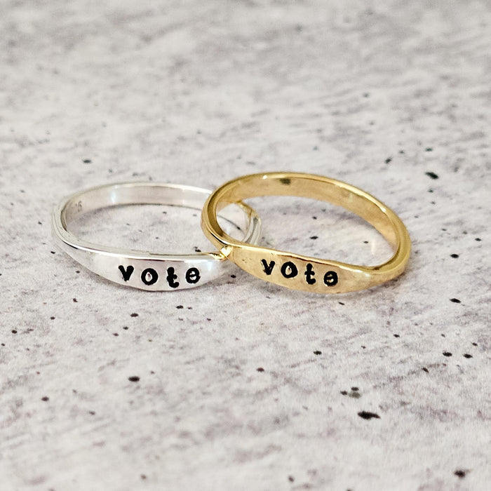 Hand Stamped 'Vote' Ring: Sterling Silver or Gold Plated Salt and Sparkle