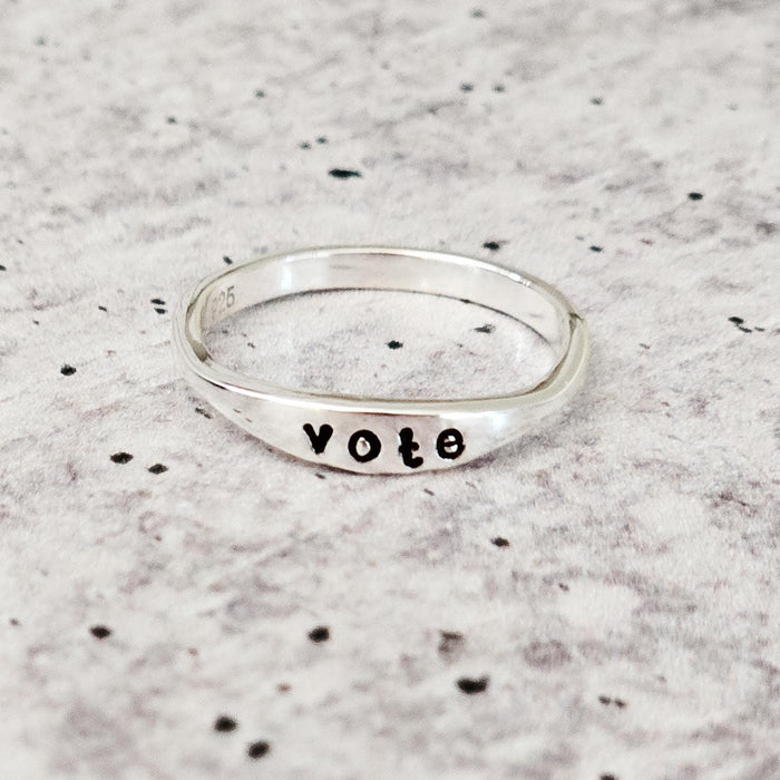 Hand Stamped 'Vote' Ring: Sterling Silver or Gold Plated Salt and Sparkle