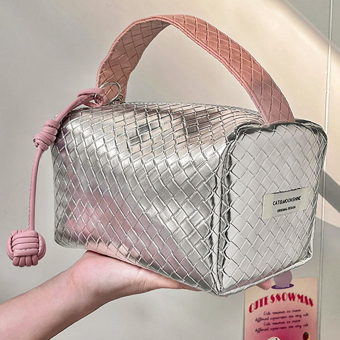 Weave Design Silver Pink Makeup Bag