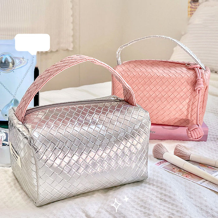 Weave Design Silver Pink Makeup Bag