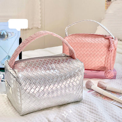 Weave Design Silver Pink Makeup Bag