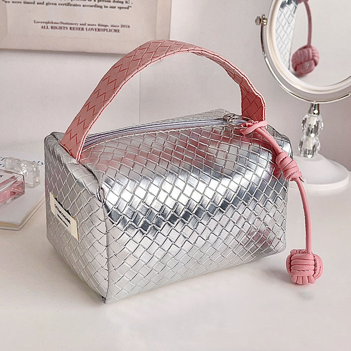 Weave Design Silver Pink Makeup Bag