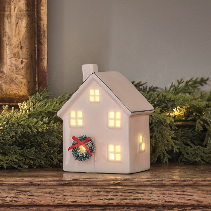 White Porcelain Light Up House With Mini Wreath