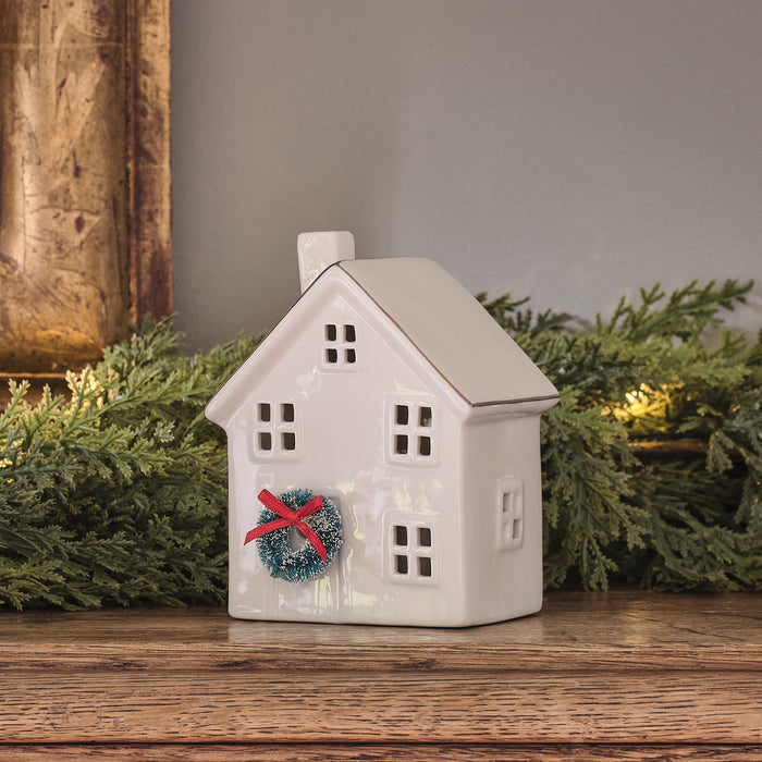 White Porcelain Light Up House With Mini Wreath